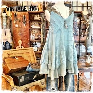 - Slip Dress - Asymmetrical Ruffle - Blue